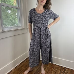 Vintage 90s Floral Rayon Wide Leg Jumpsuit | Cottagecore Culotte Romper